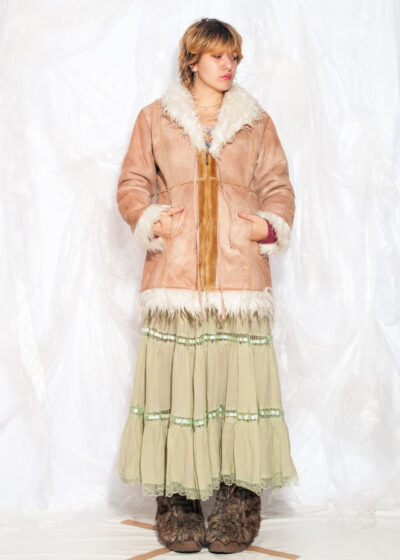 Vintage Y2K Faux Shearling Coat in Brown Faux Fur Collar