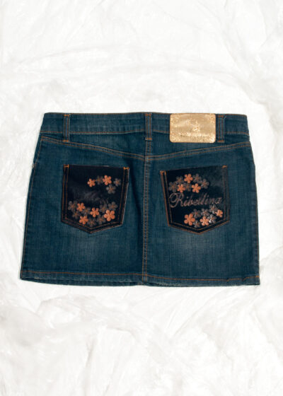 Vintage Y2K Denim Mini Skirt in Blue with Embroidered Bee