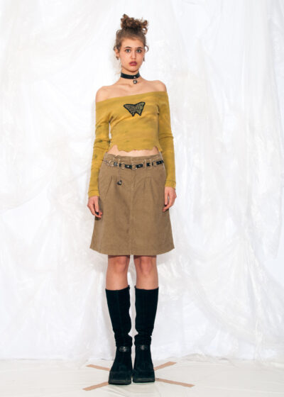 Vintage Y2K Midi Skirt in Beige Corduroy Low Rise