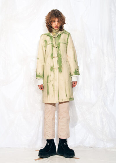 Vintage 80s Hooded Wool Coat in Hand Painted Beige