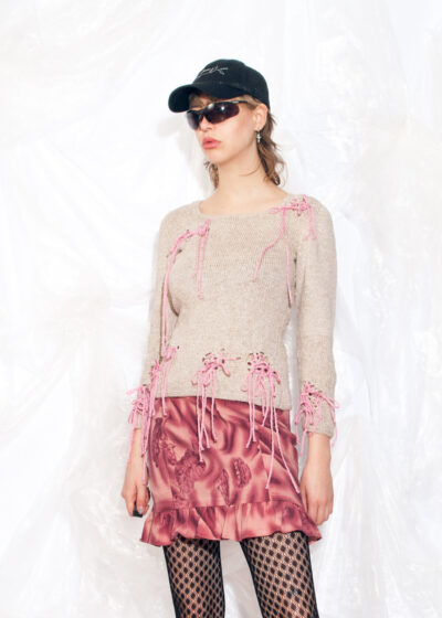 Vintage Y2K Reworked Knit Jumper in Beige w Knitted Bows
