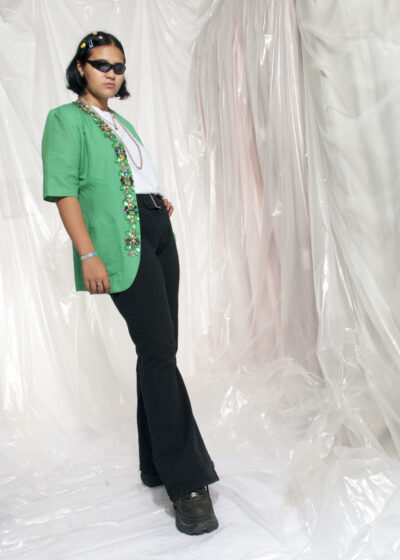Vintage blazer jacket 80s glam slime green diamante coat