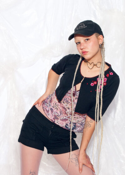 Vintage Y2K Crop Cardigan in Black Knit Kidcore Flower