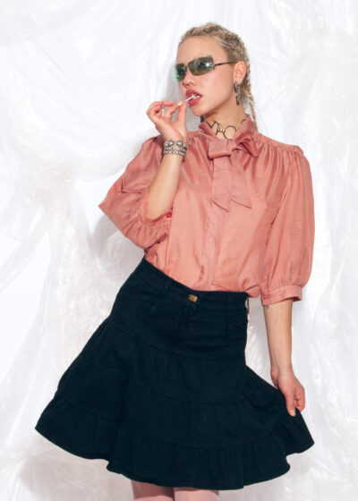 Vintage 70s Pussy Bow Blouse in Pink with Puffed Sleeves