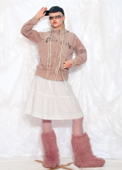 Vintage Y2K Velour Tracksuit Jumper in Beige