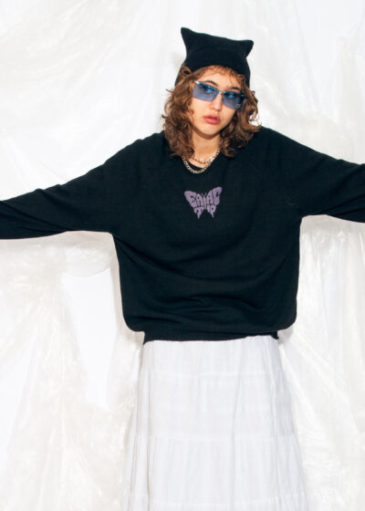 Vintage 70s Reworked Knit Jumper in Black Wool w Butterfly