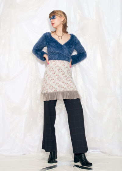 Vintage Y2K Handmade Knitted Cardigan in Blue Furry