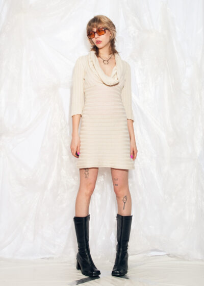Vintage Y2K Knitted Mini Dress in Beige Ribbed