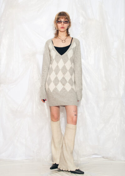 Vintage Y2K Long Sweater Dress in Preppy Grey Argyle
