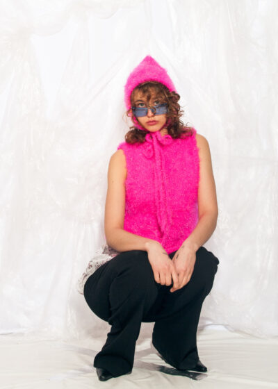 Handmade Knitted Vest Baby Bonnet Set in Pink Vintage Yarn