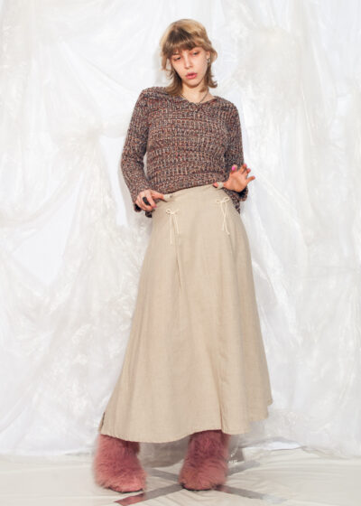 Vintage 90s Maxi Skirt in Beige Linen Reworked with Bows