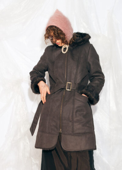 Vintage Y2K Faux Shearling Hooded Coat in Grey Penny Lane