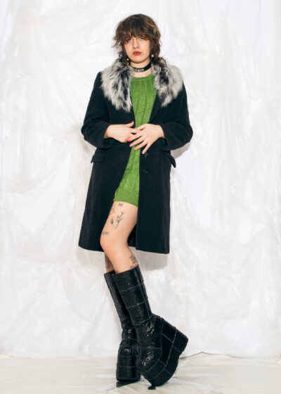 Vintage 90s Reworked Coat with Faux Fur Collar in Black Wool