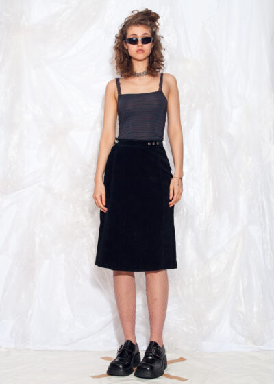 Vintage 90s Leather Midi Skirt in Black Suede