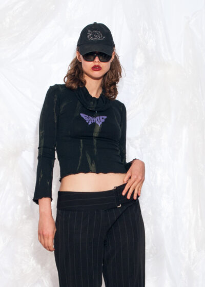 Vintage Y2K Reworked Crop Top in Black w Eat Acid Butterfly