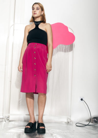 Vintage pencil skirt 90s button front magenta midi skirt