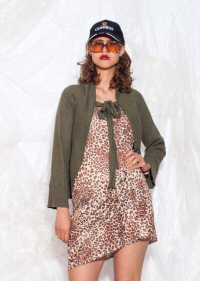 Vintage Y2K Knitted Bow Cardigan in Soft Khaki Wool