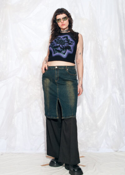 Vintage Y2K Fluid Denim Midi Skirt in Green Blue