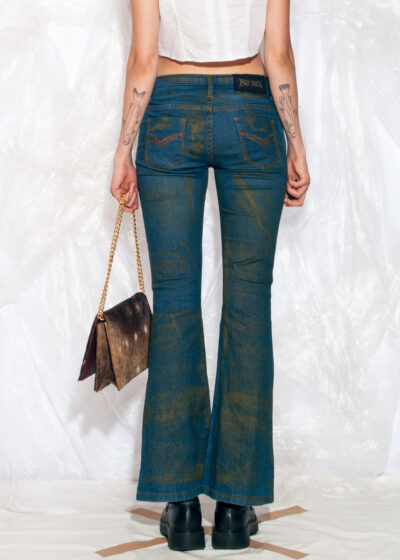 Vintage Y2K Reworked Flare Jeans in Hand Painted Green Blue