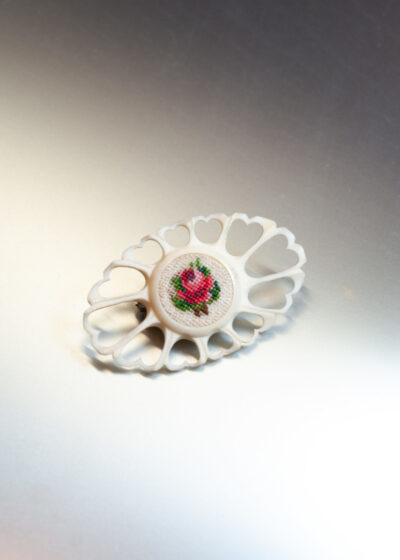 Vintage Brooch 70s Carved Bone Rose Embroidery Pin