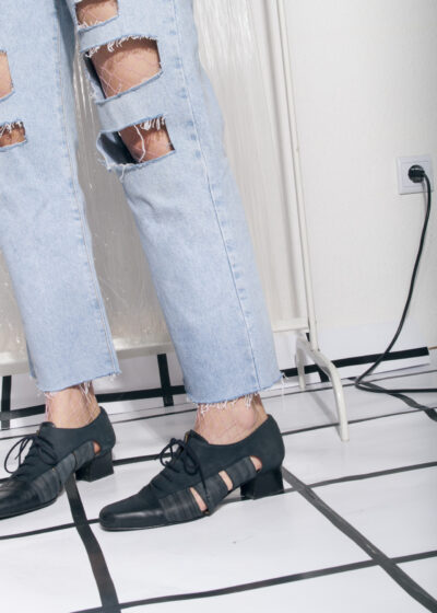 Vintage leather shoes 80s cut-out real suede blue heels