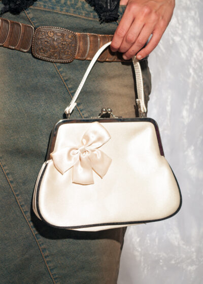 Vintage Y2K Satin Handbag in Beige with Bow