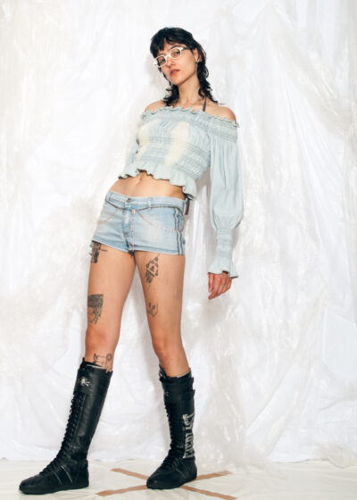 Vintage Y2K Off Shoulder Top in Blue Denim