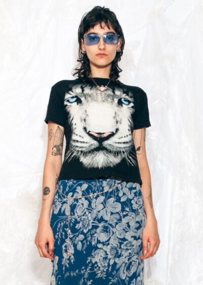 Vintage Y2K Baby Tee in Black Tiger Print