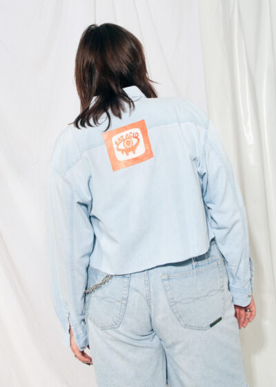 Reworked Denim Shirt 90s Vintage Eat Acid Pastel Crop Top