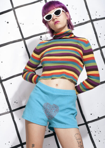 Vintage high-waisted shorts 70s reworked feminist embroidery