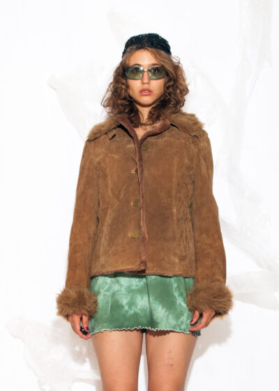 Vintage Y2K Fur Collar Leather Coat in Brown