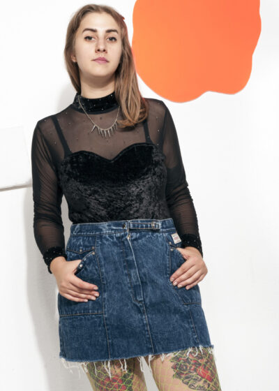 Vintage denim skirt 80s reworked cropped grunge skirt