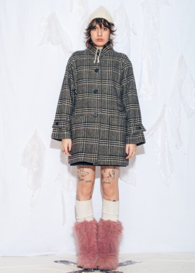 Vintage 80s Wool Plaid Coat in Grey