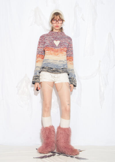 Reworked Vintage Y2K Flare Sleeve Heart Jumper in Beige