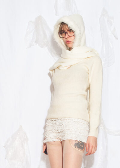 Vintage Y2K Furry Hooded Scarf in Beige