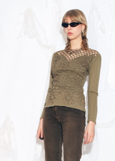 Vintage 80s Handmade Lace Top in Khaki