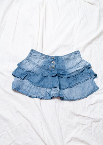 Vintage Y2K Frilly Denim Mini Skirt in Blue