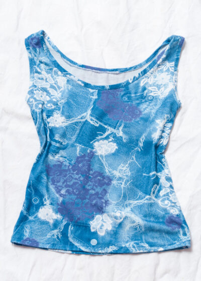 Vintage Y2K Denim Printed Top in Blue Lace