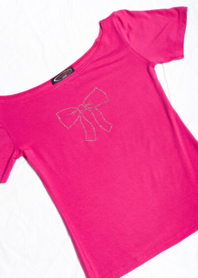 Vintage Y2K Bow Pattern Baby Tee in Pink