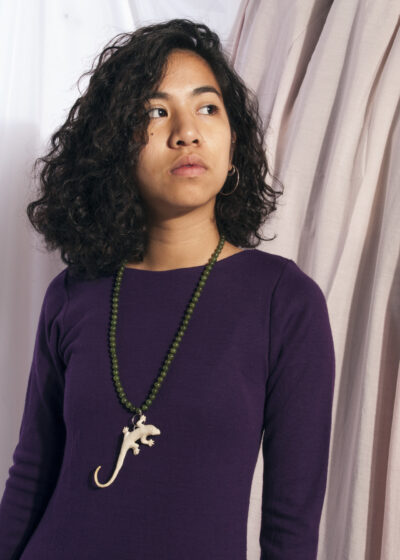 Vintage necklace Reworked plastic lizard green stone beads