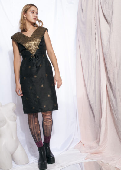 Vintage evening dress 50s antique silk dress in black gold