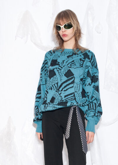 Vintage 80s Abstract Knitted Grandpa Jumper in Blue