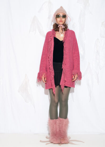 Vintage 90s Gabriella Rossetti Fringe Cardigan in Pink Wool