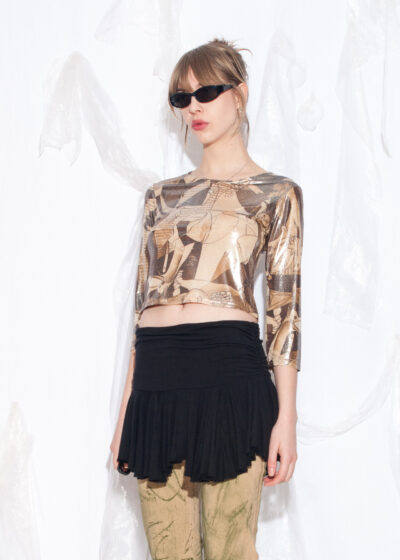 Vintage Y2K Picasso Print Glitter Top in Bronze Brown