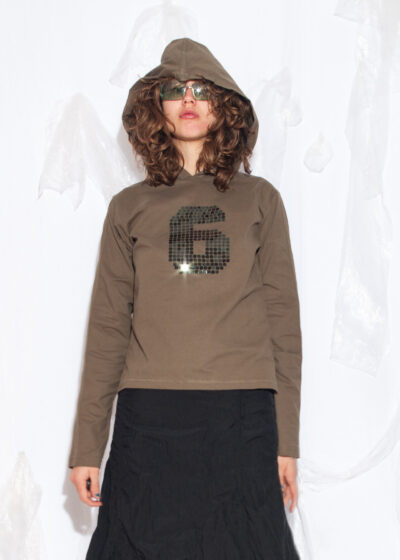 Vintage Y2K Sequin Hooded Top in Khaki Green