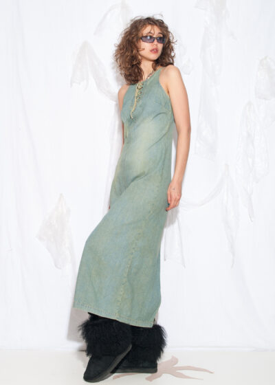 Reworked Vintage Y2K Denim Maxi Dress in Blue Green