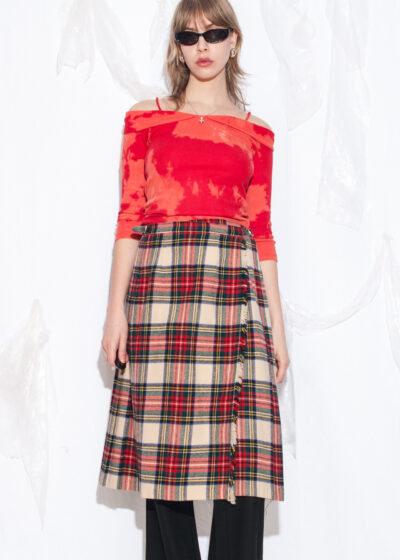 Vintage 70s Wool Kilt Skirt in Beige and Red Plaid