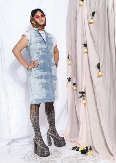 Vintage denim dress Reworked marble bleach button front midi