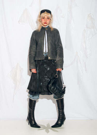 Vintage Y2K Leather Racing Jacket in Grey