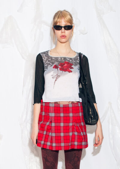 Vintage Y2K Rose Print Mesh Top in Black